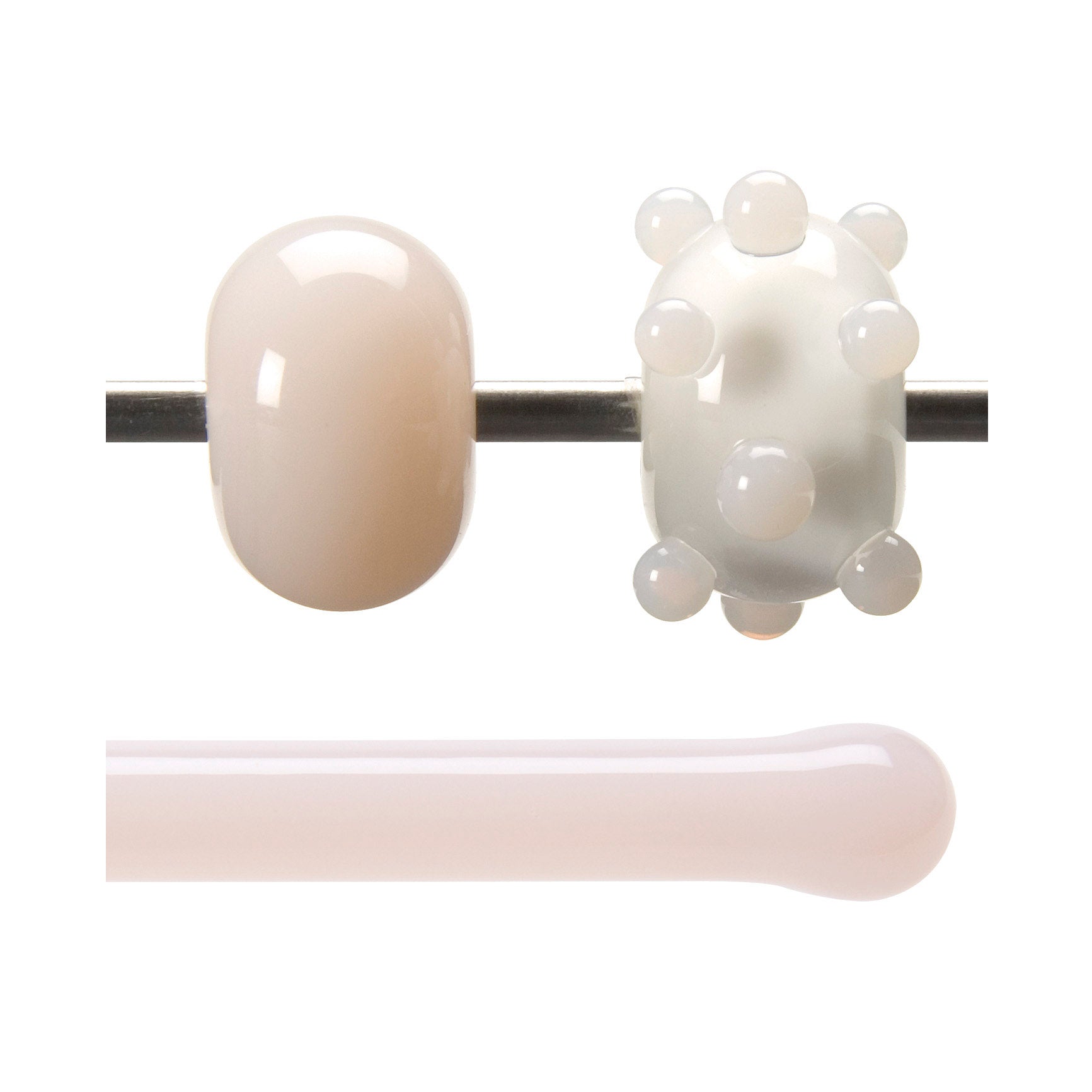 Glass beads on a mandrel and a glass rod below, all on a white background.