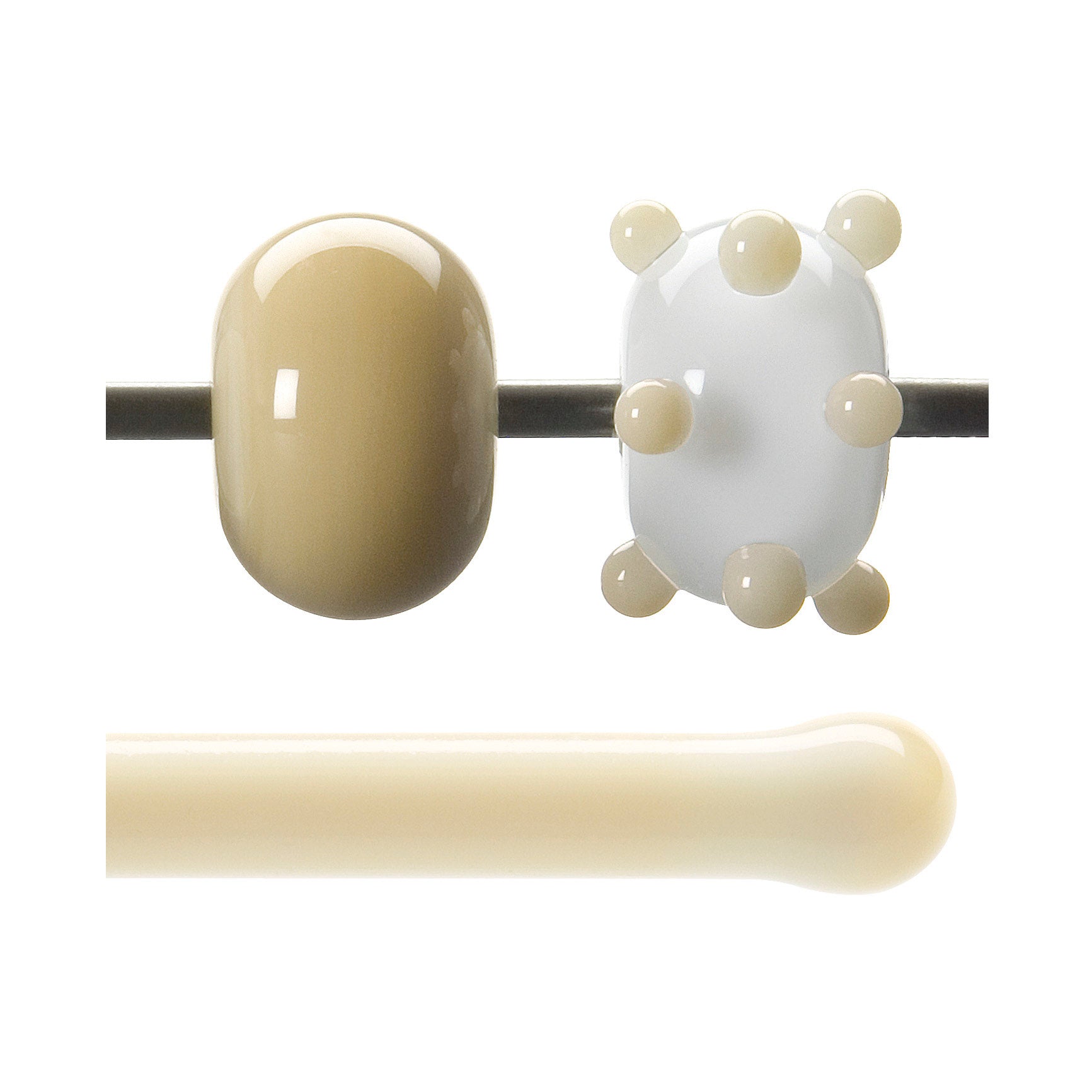 Glass beads on a mandrel and a glass rod below, all on a white background.