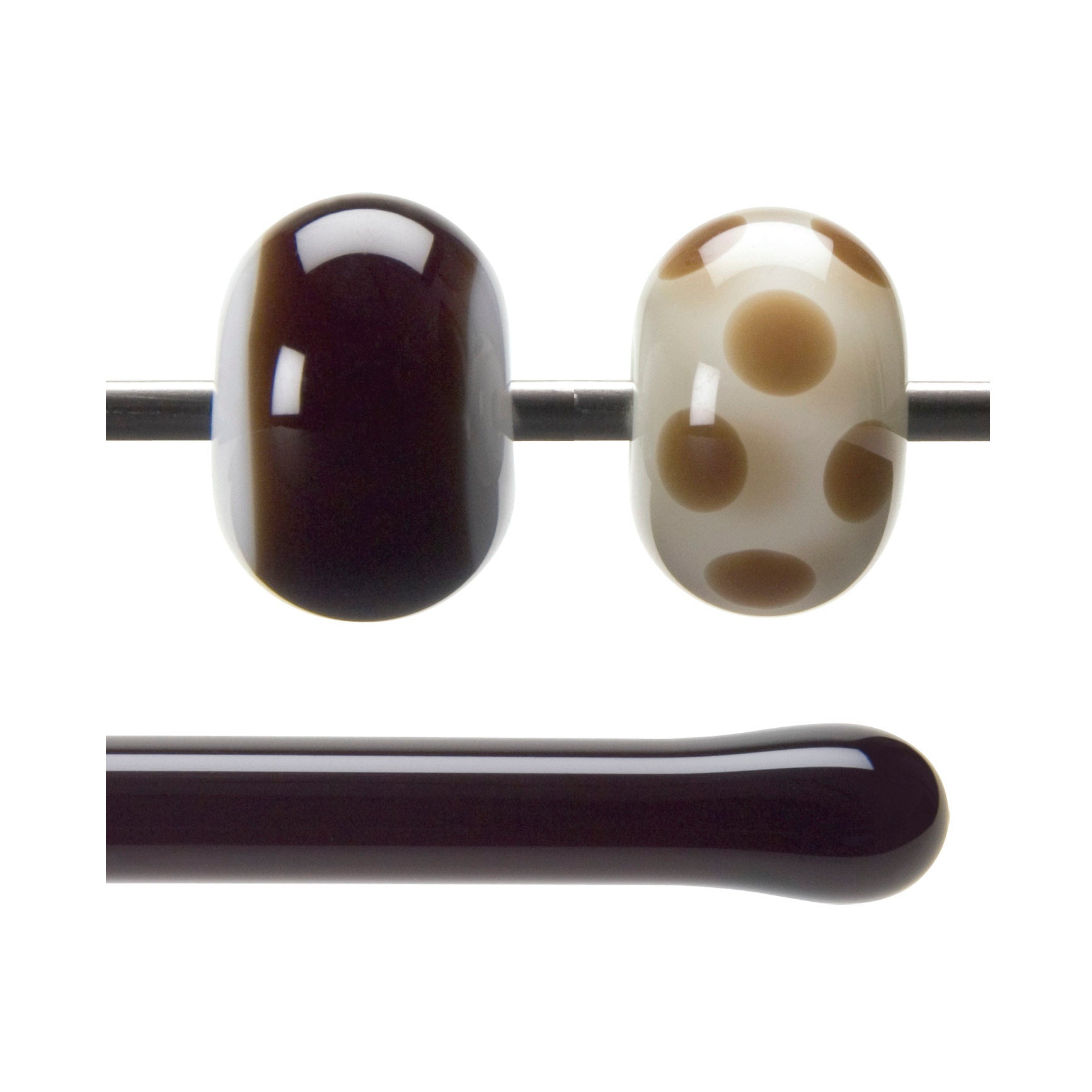 Glass beads on a mandrel and a glass rod below, all on a white background.
