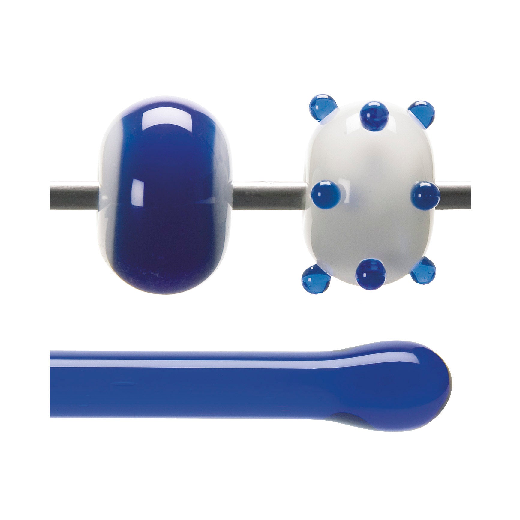 Glass beads on a mandrel and a glass rod below, all on a white background.