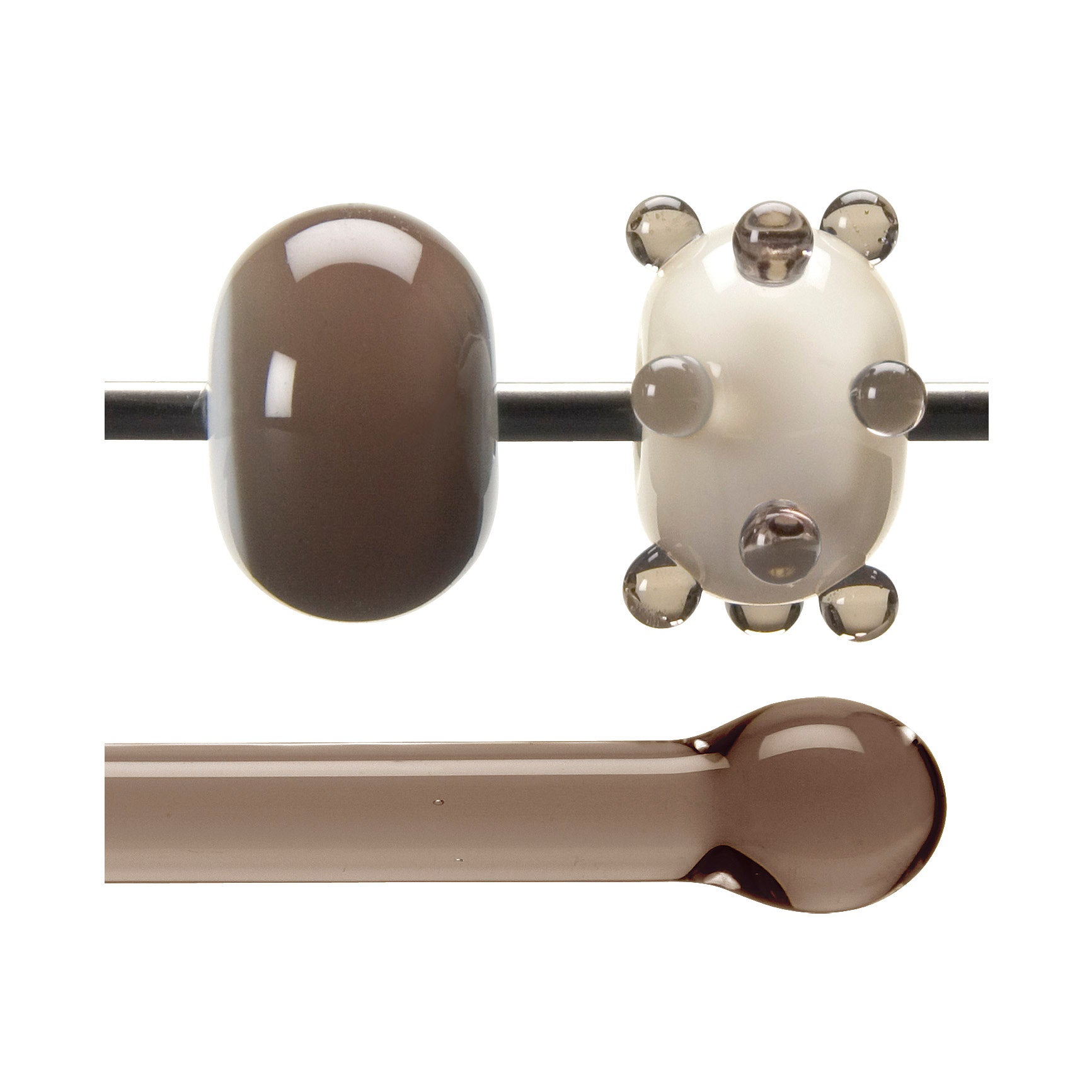 Glass beads on a mandrel and a glass rod below, all on a white background.