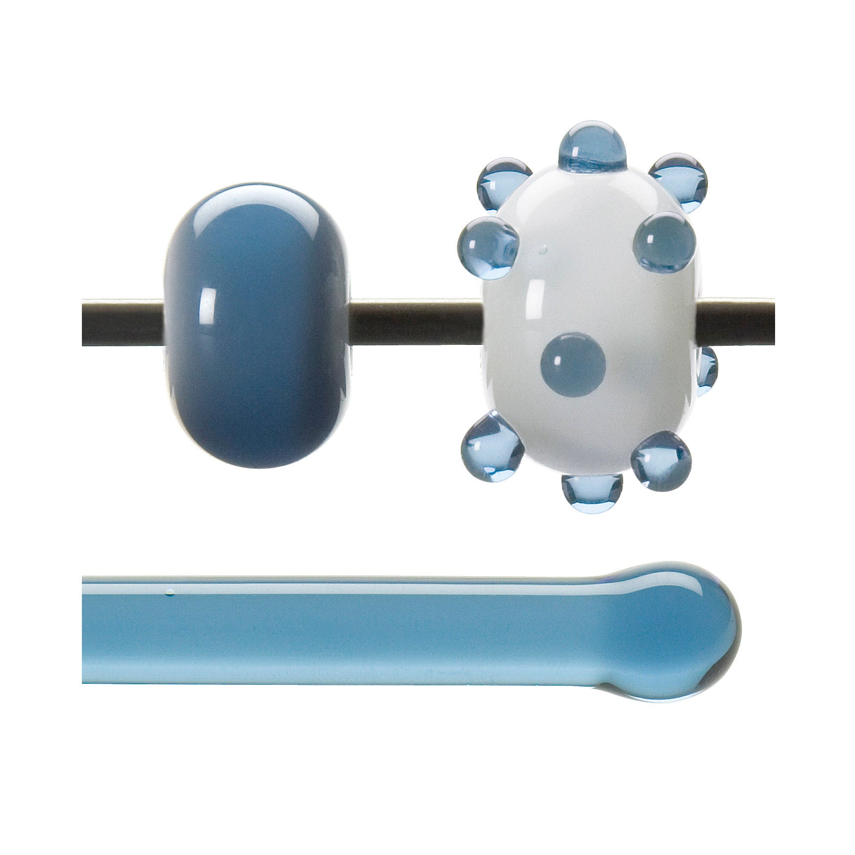 Glass beads on a mandrel and a glass rod below, all on a white background.