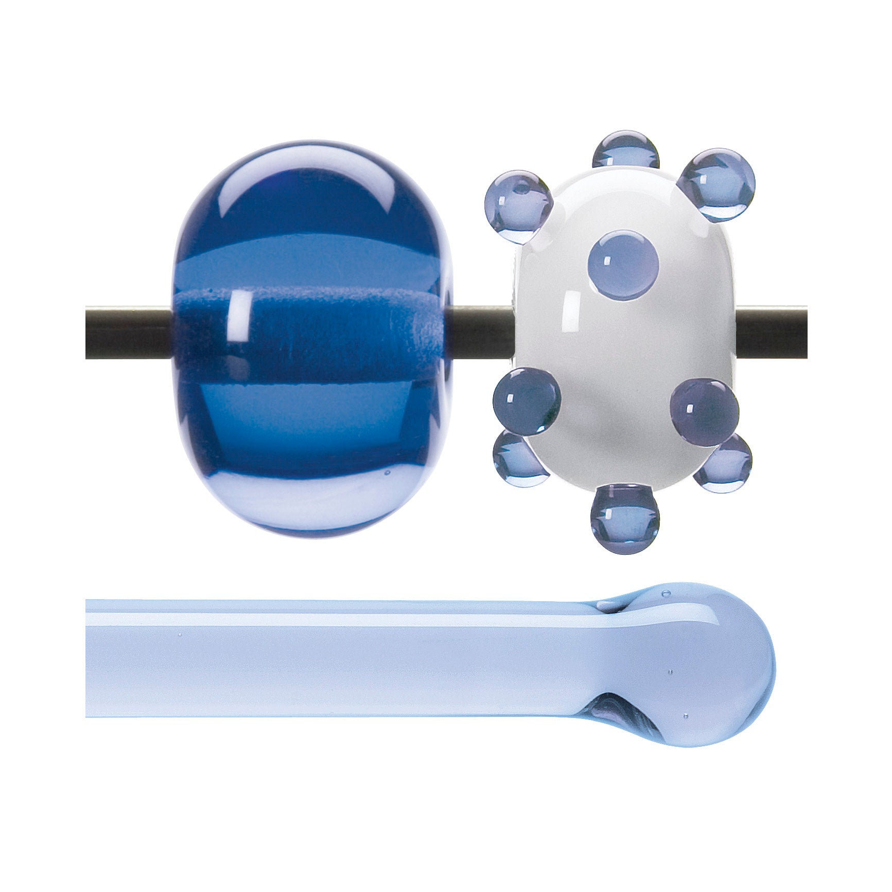 Glass beads on a mandrel and a glass rod below, all on a white background.