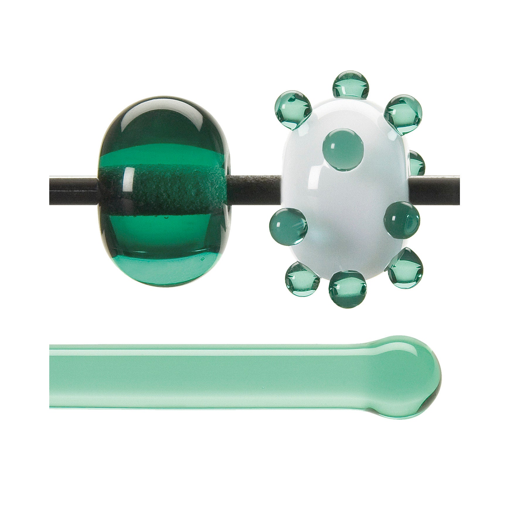 Glass beads on a mandrel and a glass rod below, all on a white background.