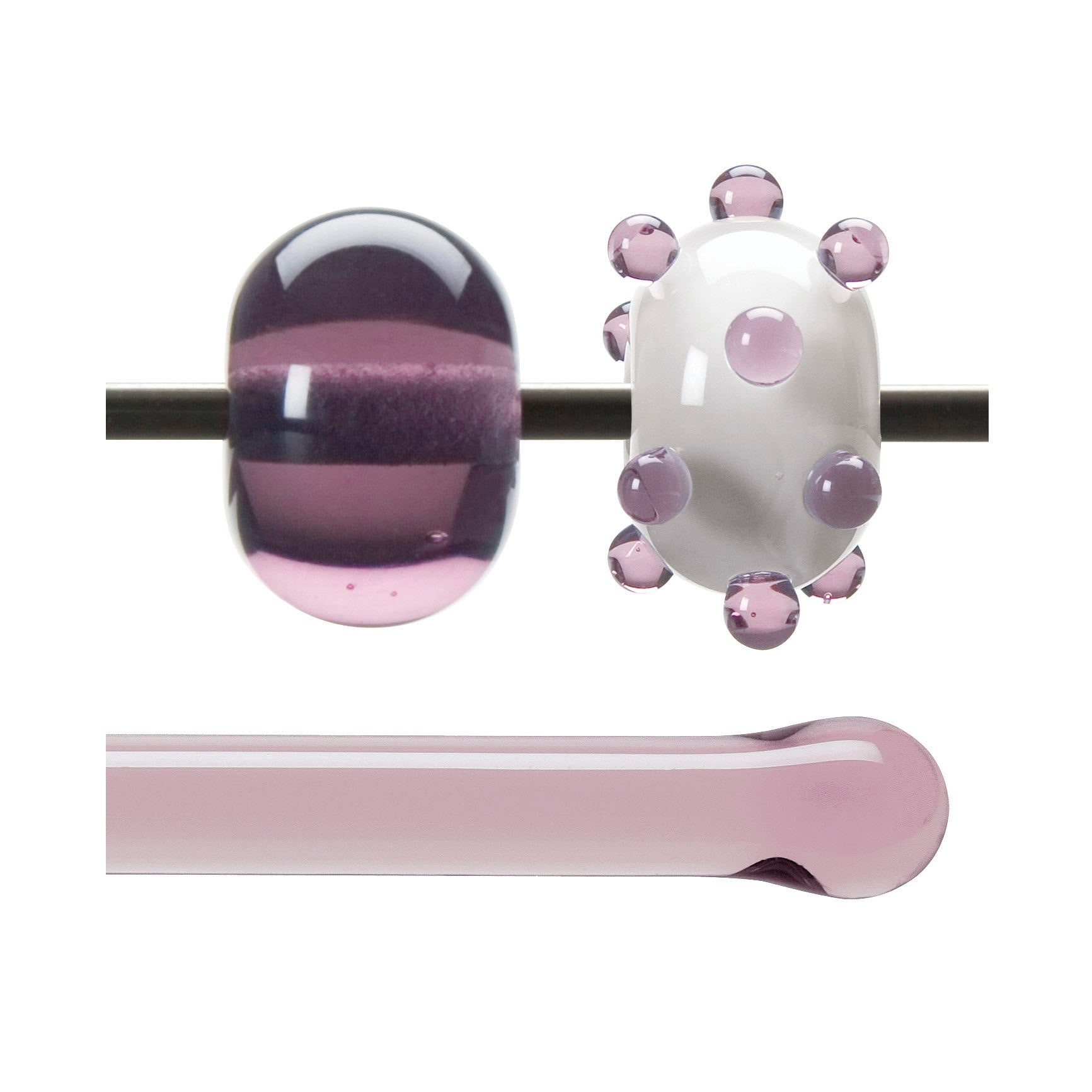 Glass beads on a mandrel and a glass rod below, all on a white background.