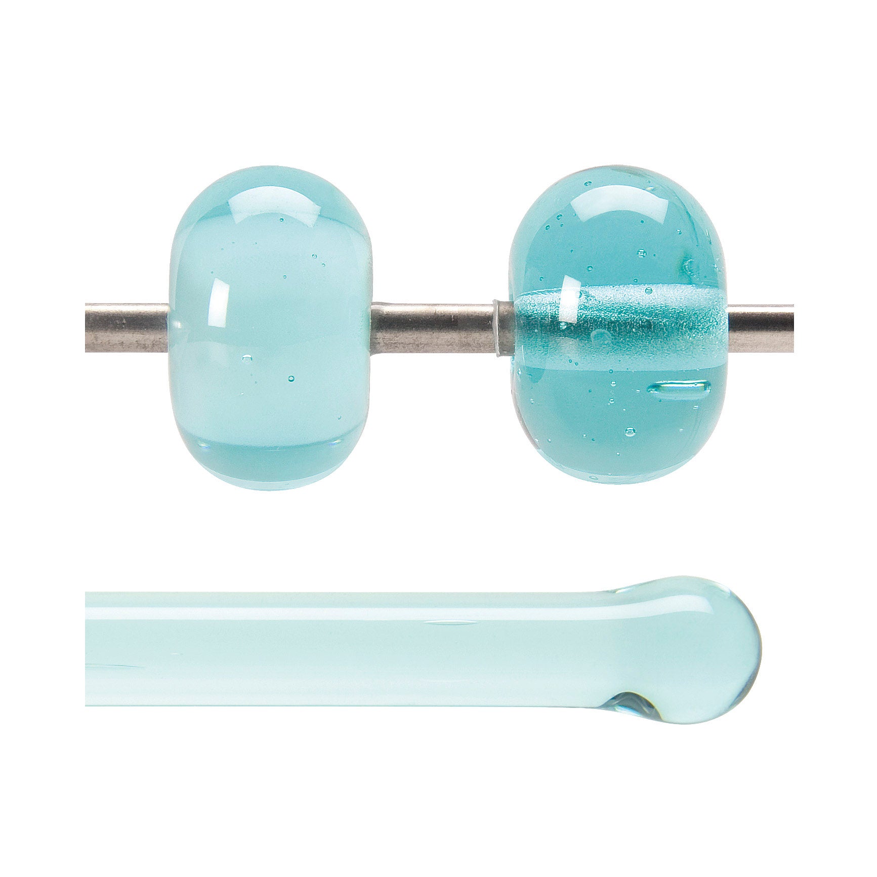 Glass beads on a mandrel and a glass rod below, all on a white background.