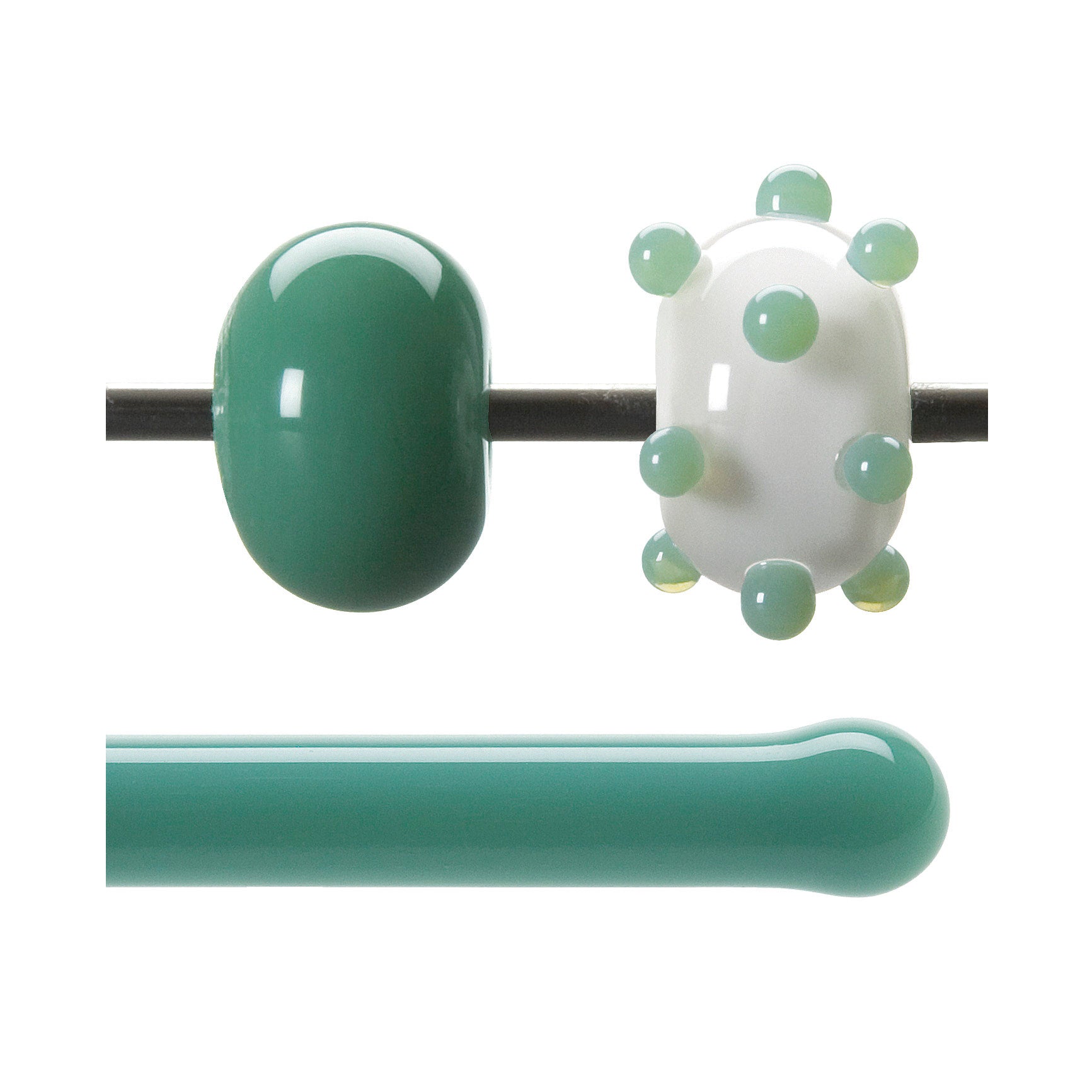 Glass beads on a mandrel and a glass rod below, all on a white background.