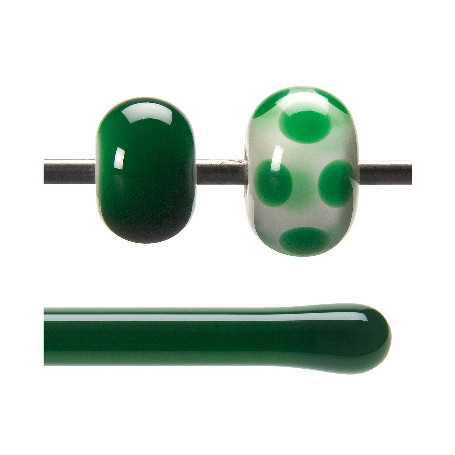 Glass beads on a mandrel and a glass rod below, all on a white background.