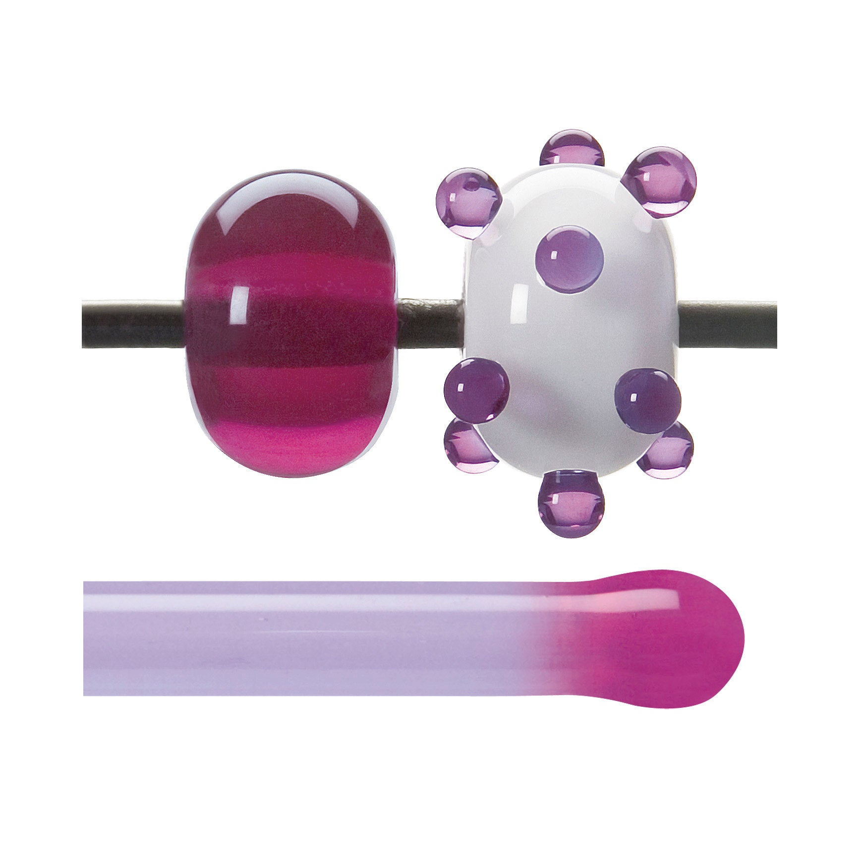 Glass beads on a mandrel and a glass rod below, all on a white background.